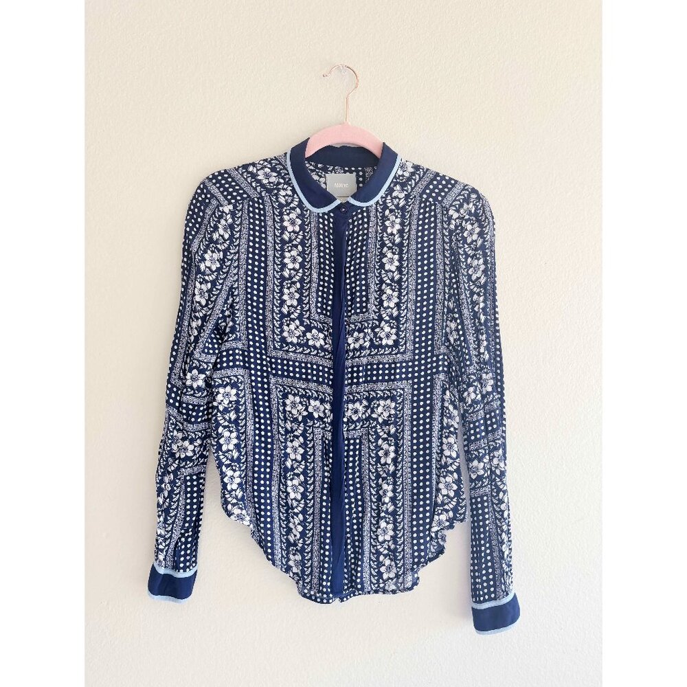 MAEVE Anthropologie Sz 4 Navy Blue White Rayon Floral Dot Button Down BLOUSE TOP